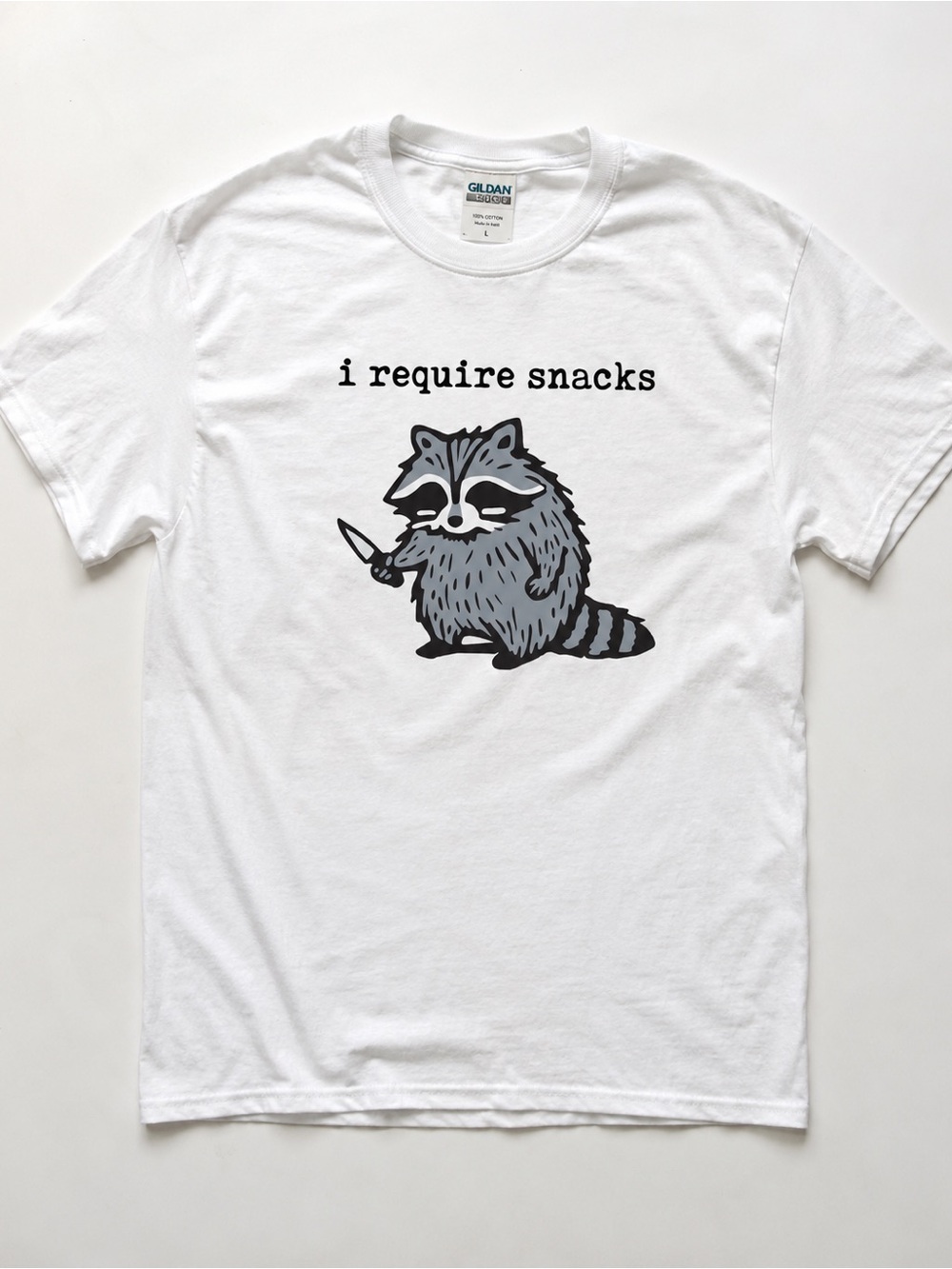 Gildan White Tee with Gray & Black Raccoon 'I Require Snacks' Graphic
